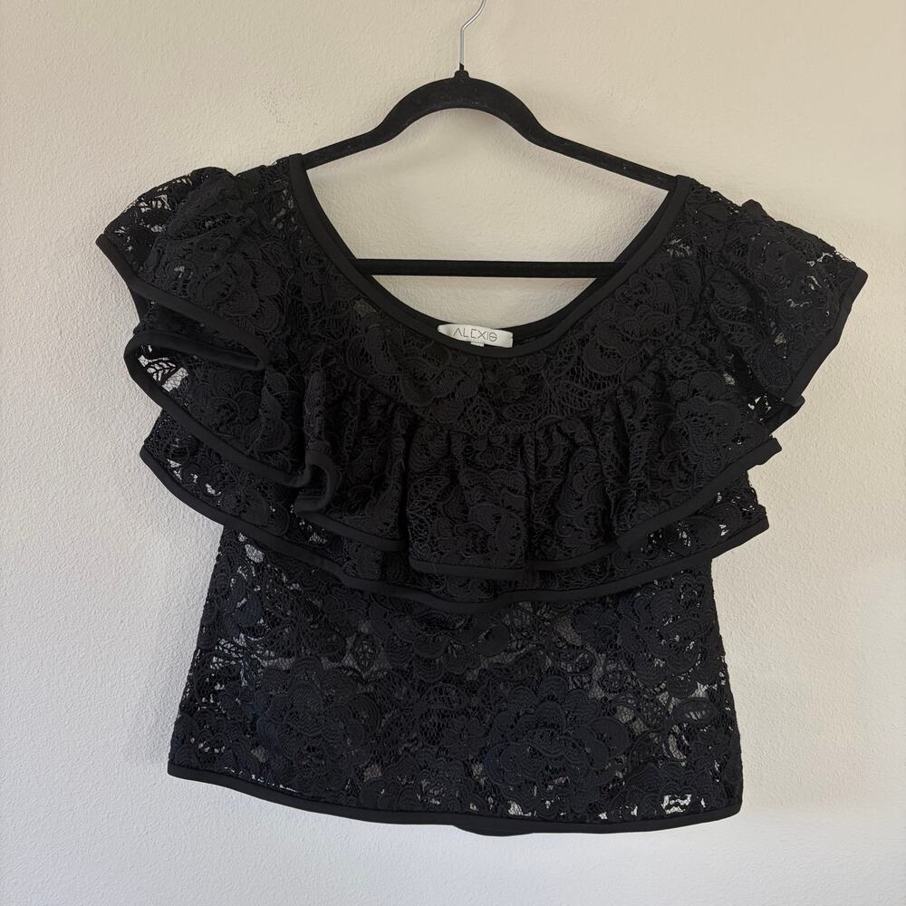 ALEXIS Crista Black Lace Ruffle Off the Shoulder Top (M)